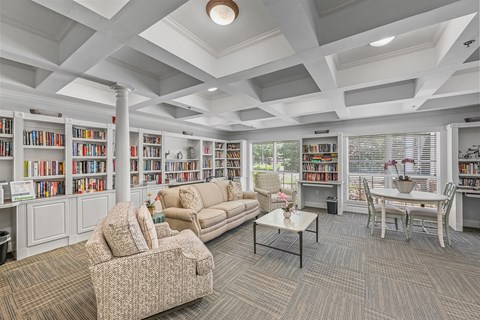 a living room with couches and bookshelves